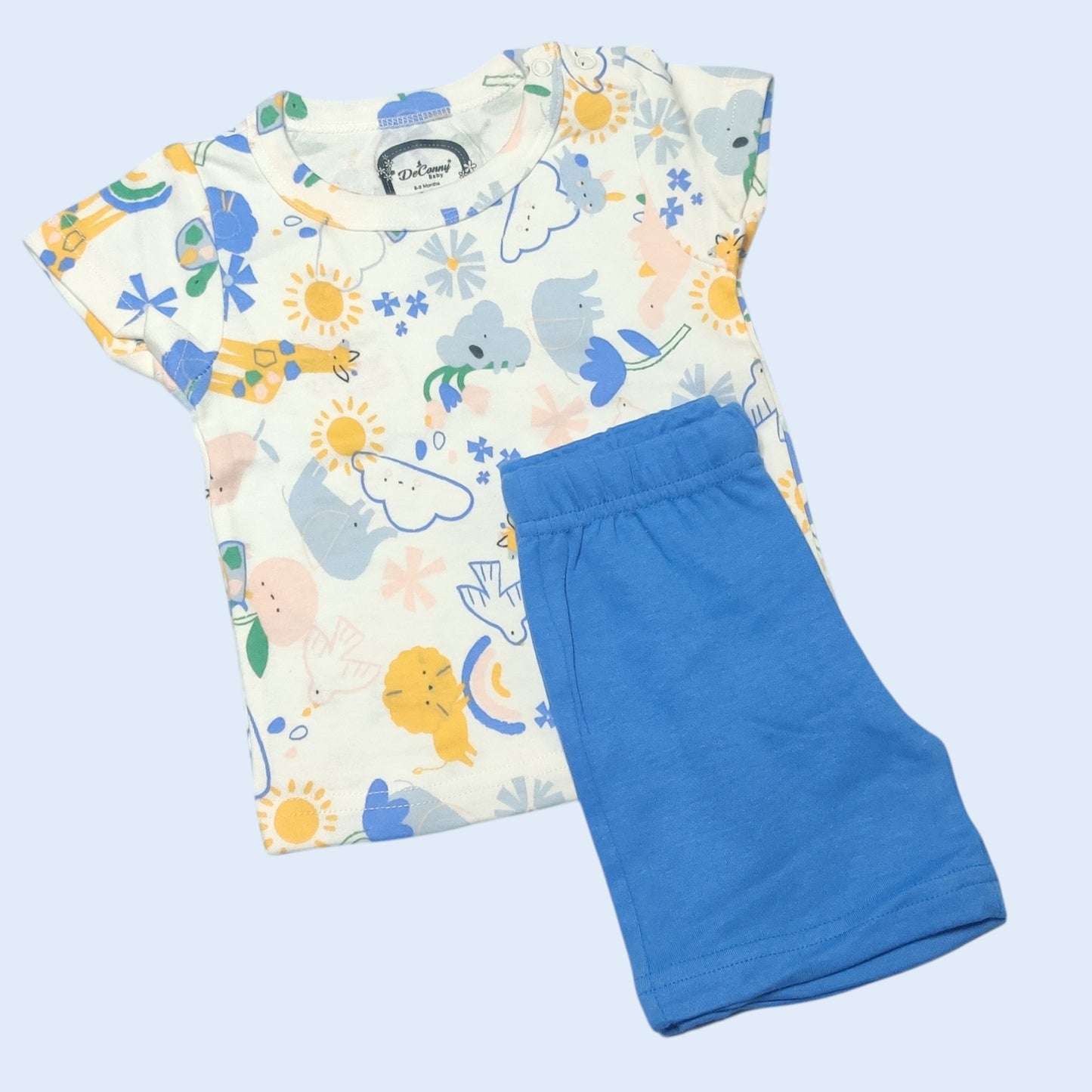 White animal printed baby girl t-shirt with blue shorts folded set view