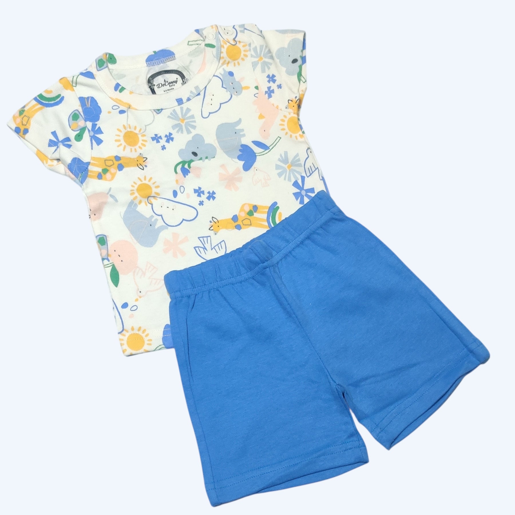 White animal printed baby girl t-shirt with blue shorts set front view