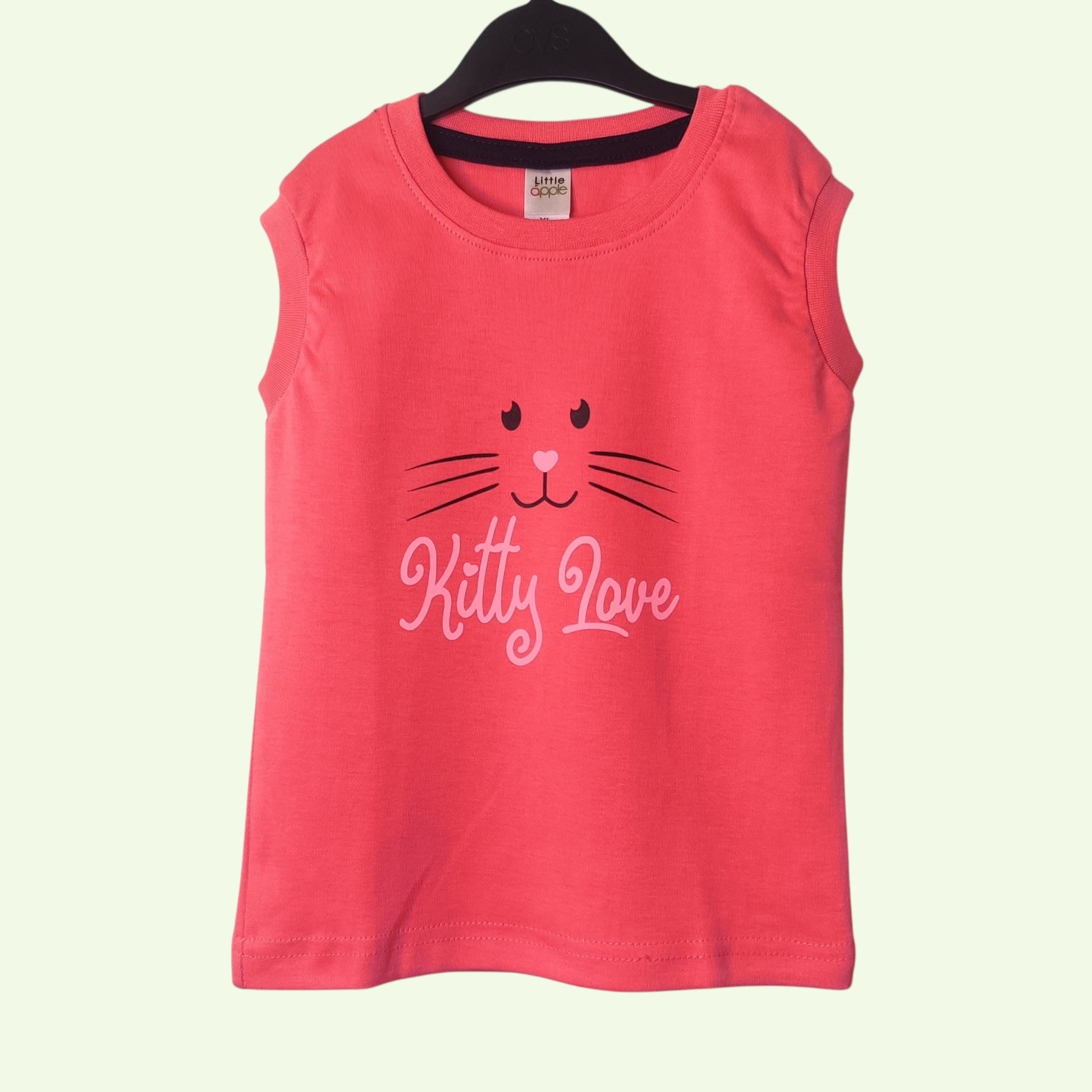 Coral red baby t-shirt with printed kitty face and text