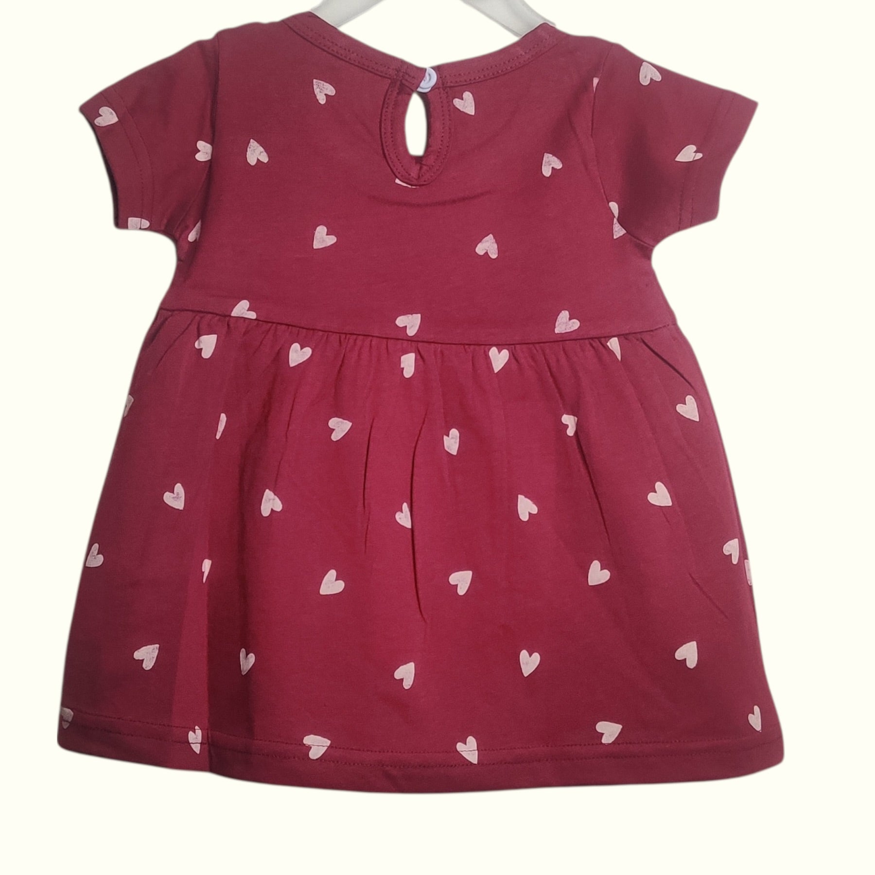 Maroon and white heart print cotton baby frock back view
