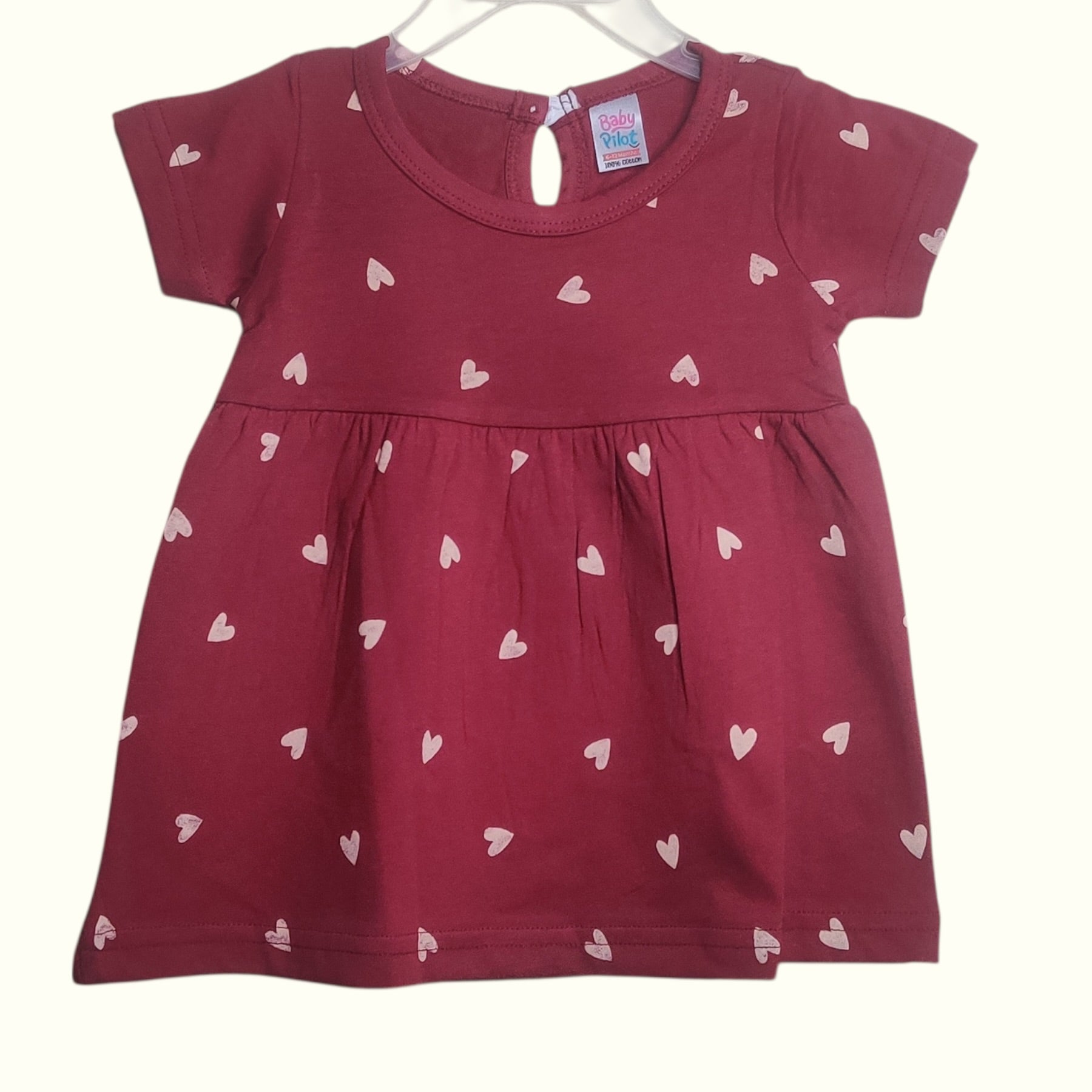 Maroon and white heart print cotton baby frock front view