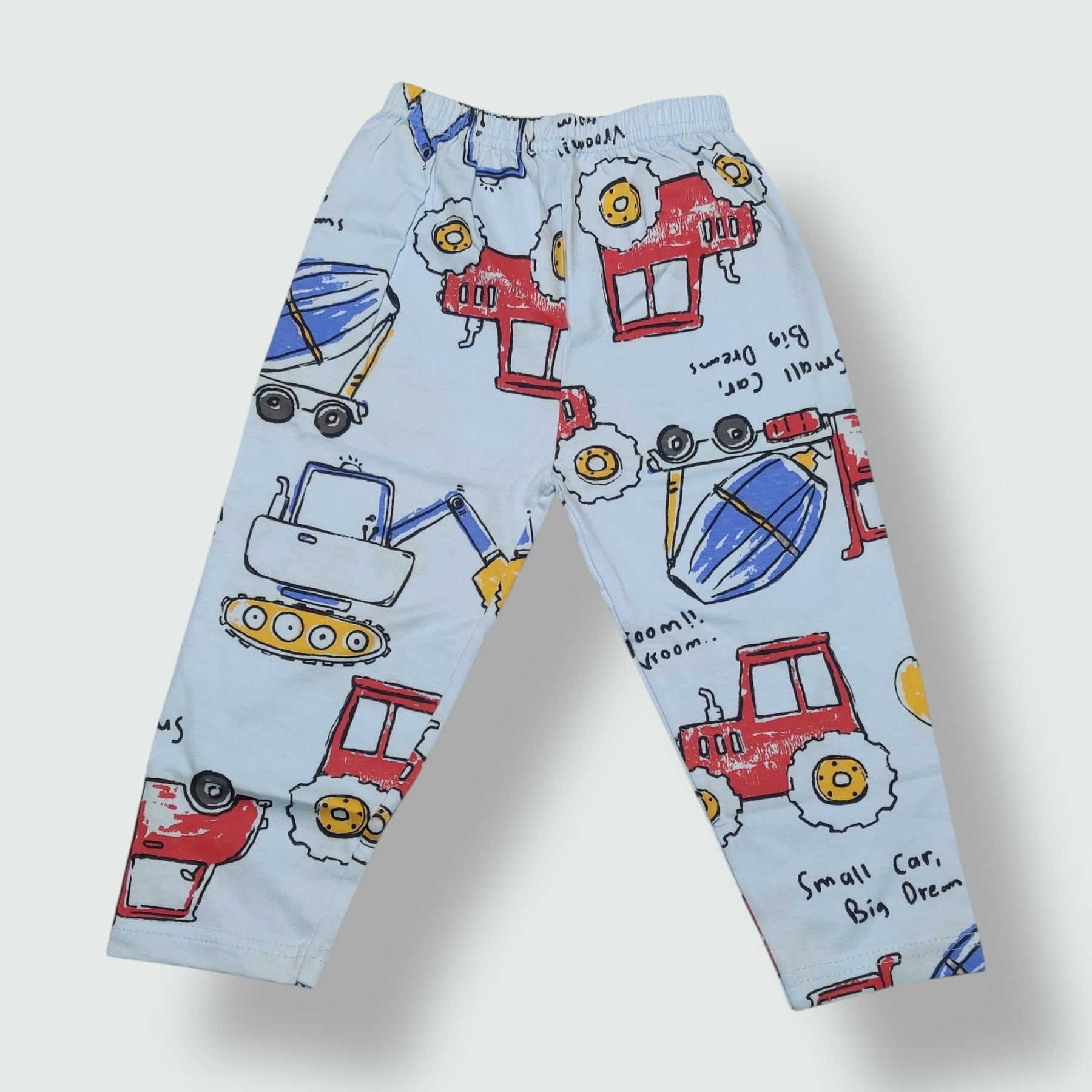 Frozen blue baby pant with colorful vehicle print front view
