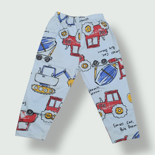 Frozen blue baby pant with colorful vehicle print front view