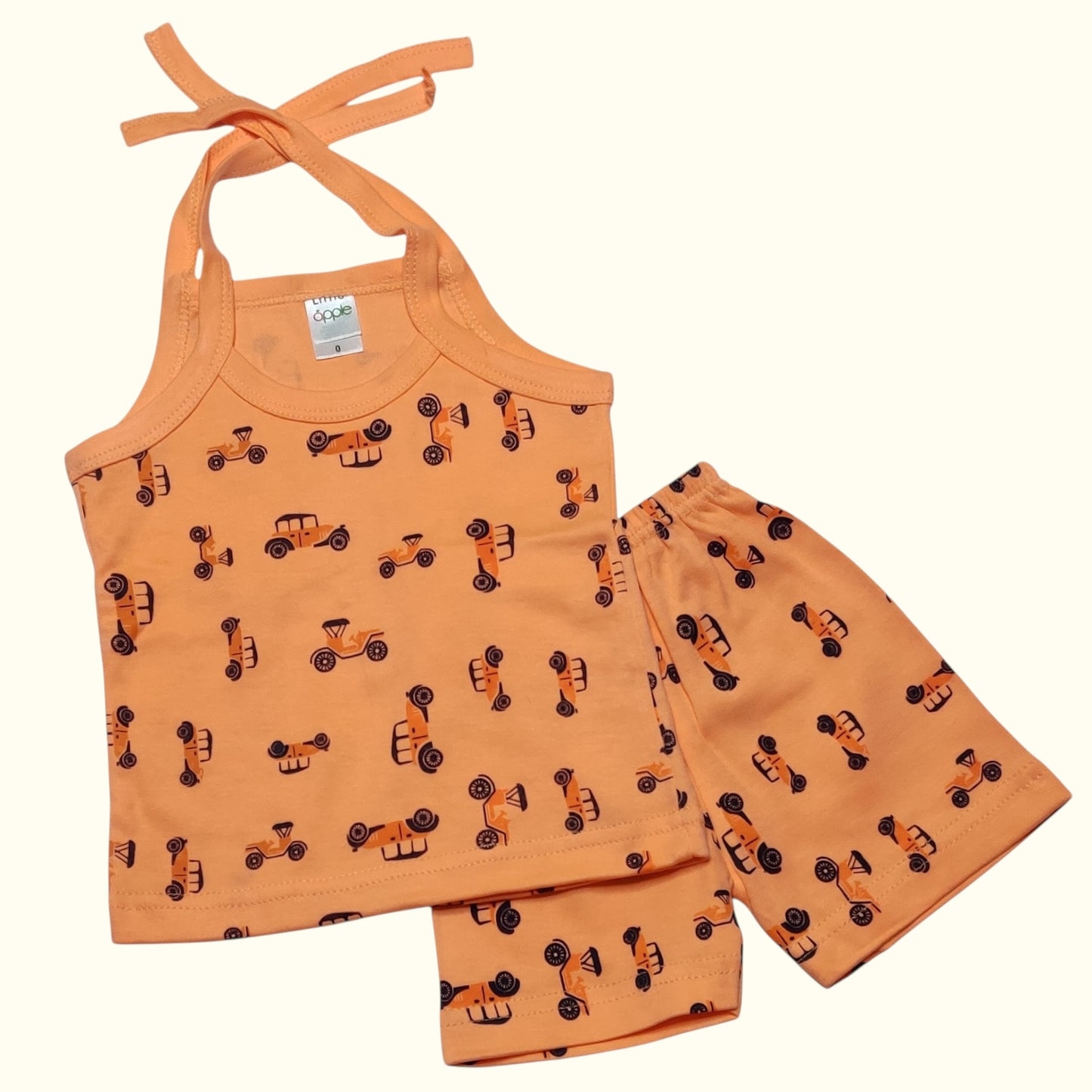 New born orange baby co-ord tie-up set with vehicle print