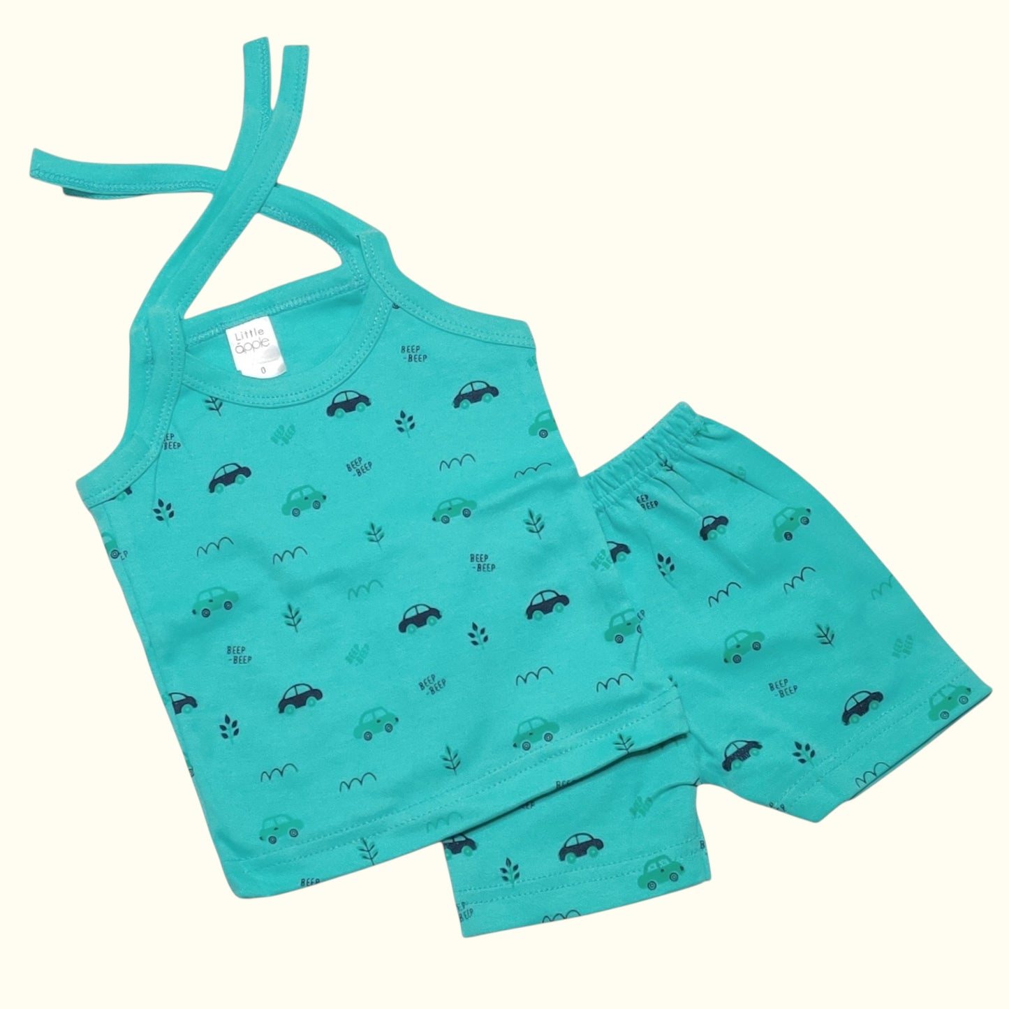New born aqua green baby co-ord tie-up set with car-themed print