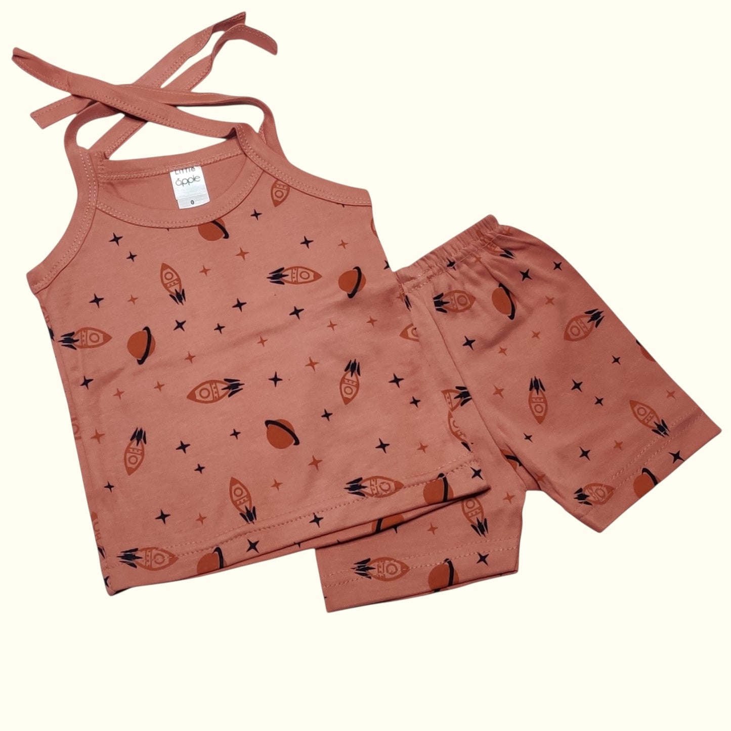 New born brown baby co-ord tie-up set with rocket print