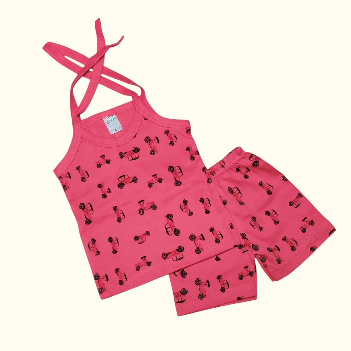 New born rose pink baby co-ord tie-up set with vehicle print