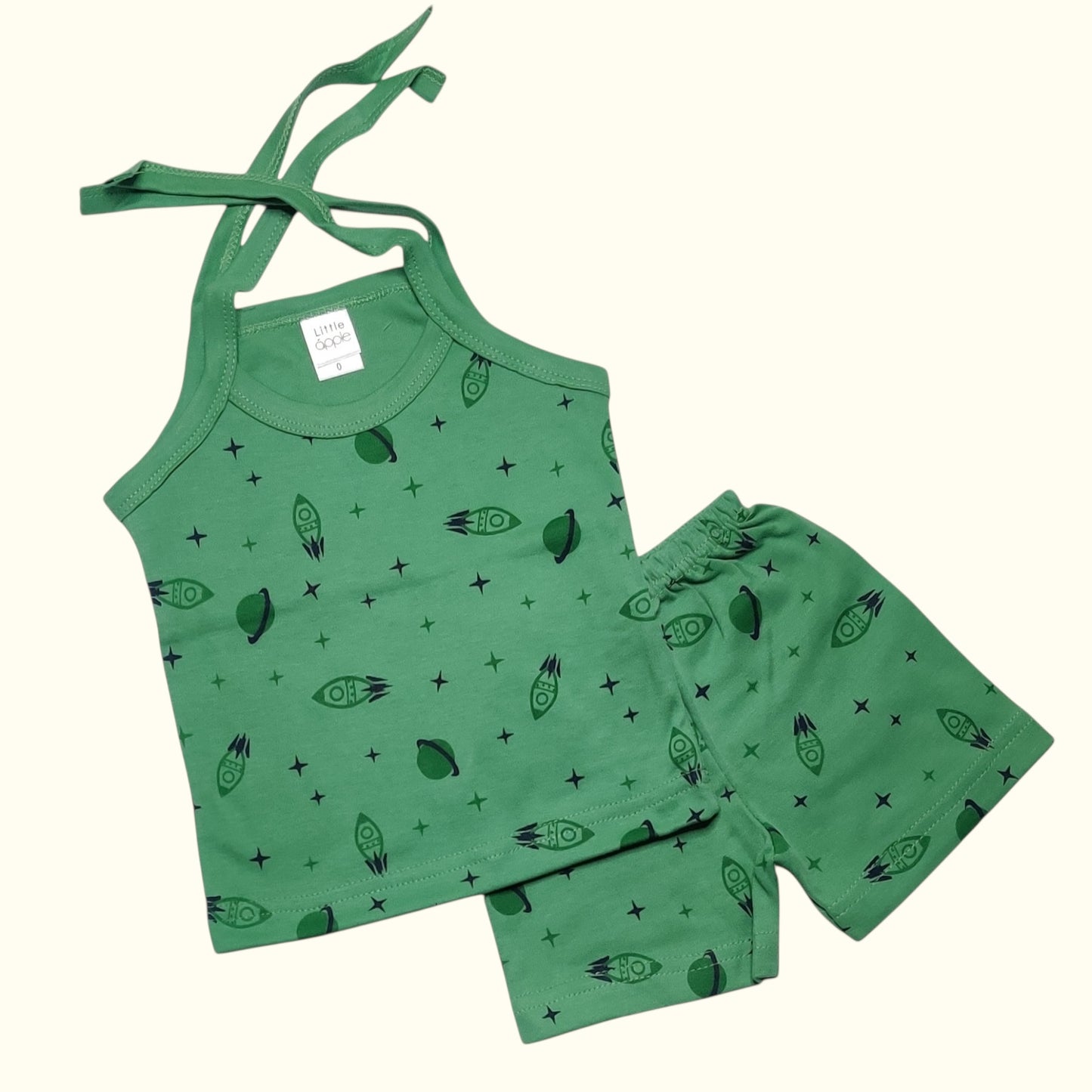 New born green baby co-ord tie-up set with rocket print