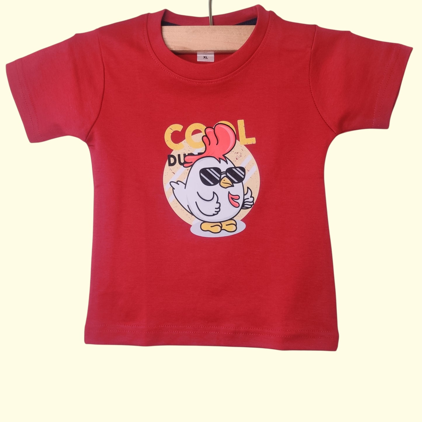 Red baby t-shirt with printed chicken