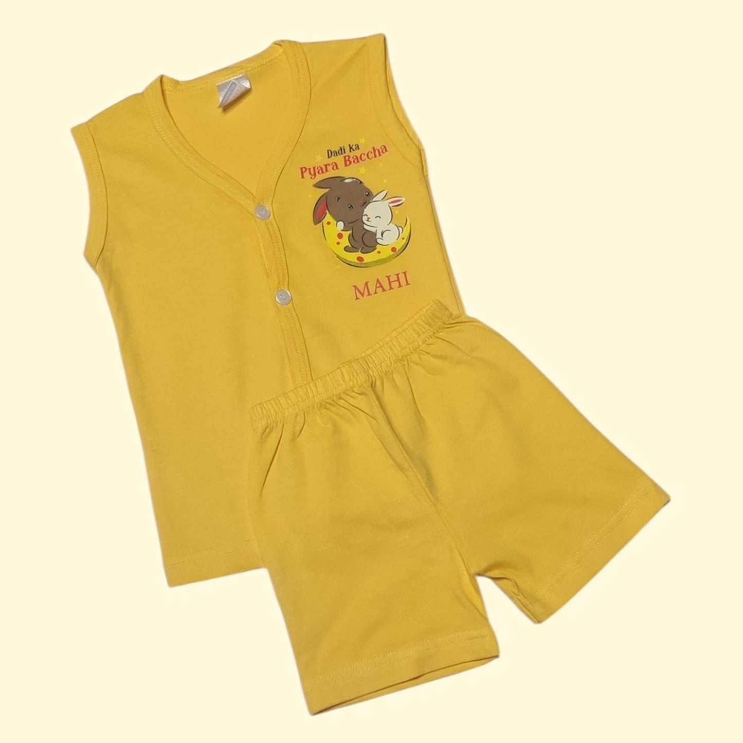 Mustard yellow baby set with printed bunny