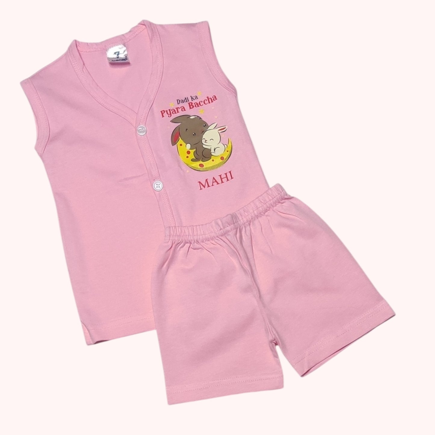 Shell pink baby set with printed bunny