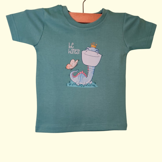 Soft cotton baby t-shirt in sea green with printed be honest dinosaur