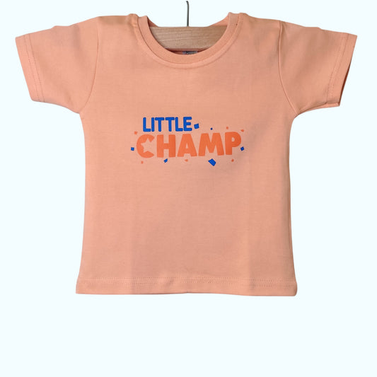 Light orange baby soft cotton t-shirt with "Little Champ" text print