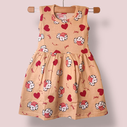 Sandal beige toddler sleeveless frock with all-over puppy and heart print