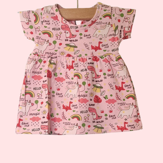 Baby pink unicorn and rainbow print baby frock