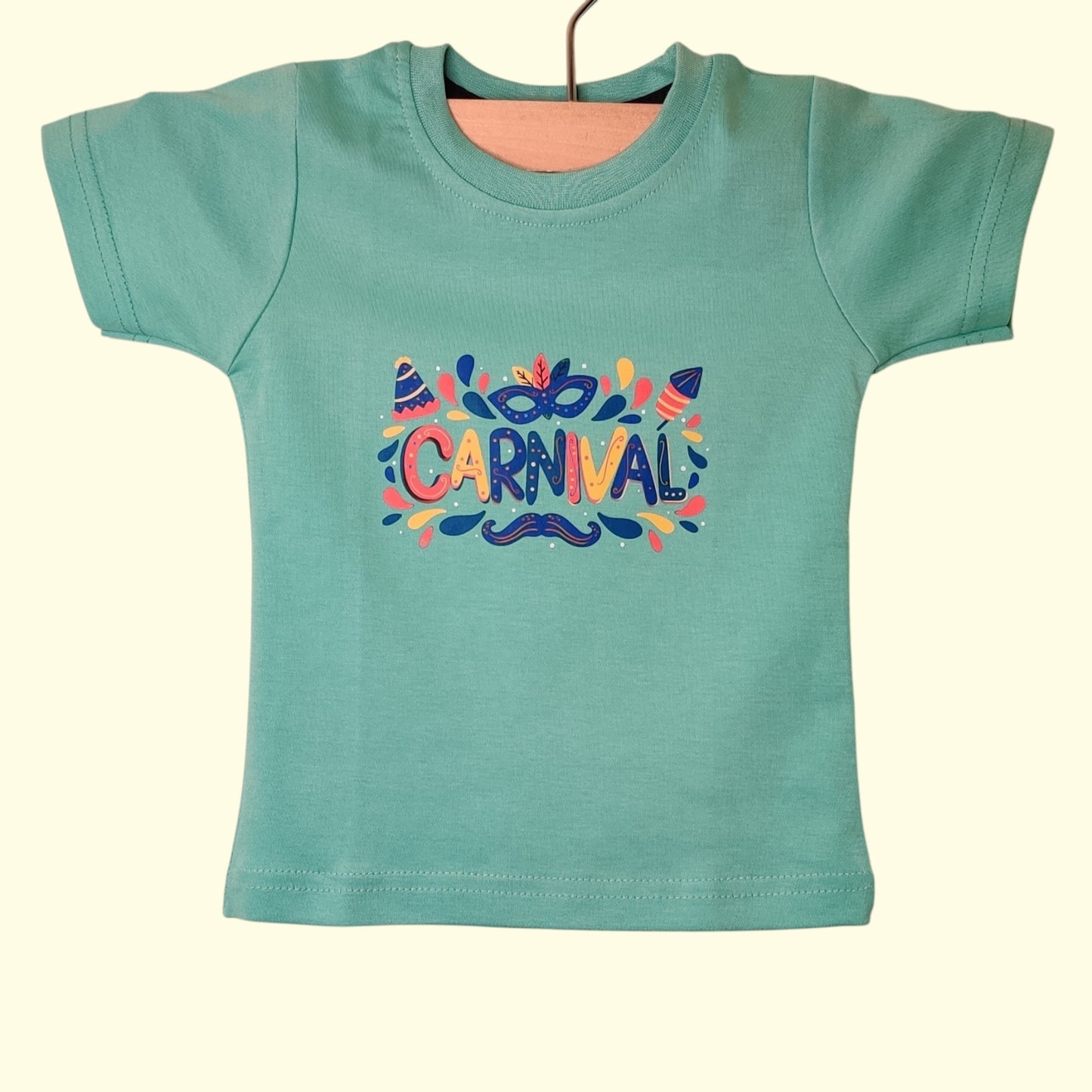 Unisex baby cotton t-shirt in aqua green with colorful carnival print